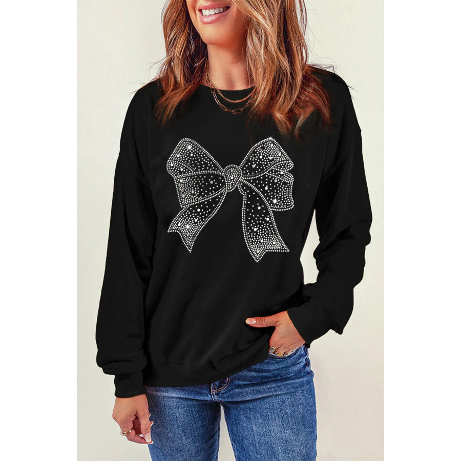 Rhinestone Bow Round Neck Long Sleeve Sweatshirt Apparel and Accessories