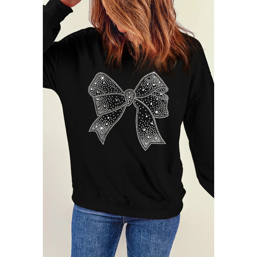 Rhinestone Bow Round Neck Long Sleeve Sweatshirt Apparel and Accessories