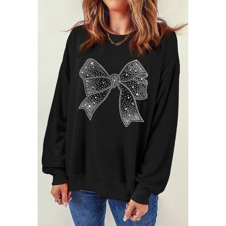 Rhinestone Bow Round Neck Long Sleeve Sweatshirt Black / S Apparel and Accessories