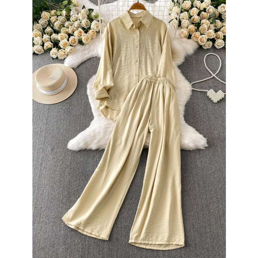 Rhinestone Button Up Shirt and Pants Set Apparel and Accessories