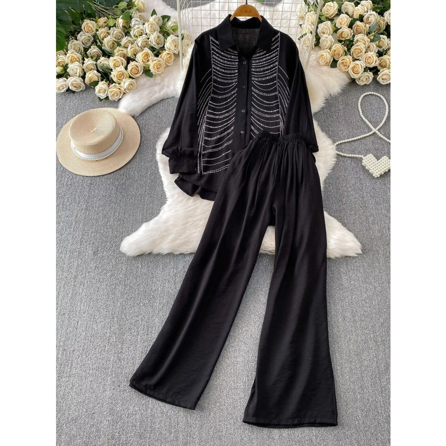 Rhinestone Button Up Shirt and Pants Set Black / One Size Apparel and Accessories