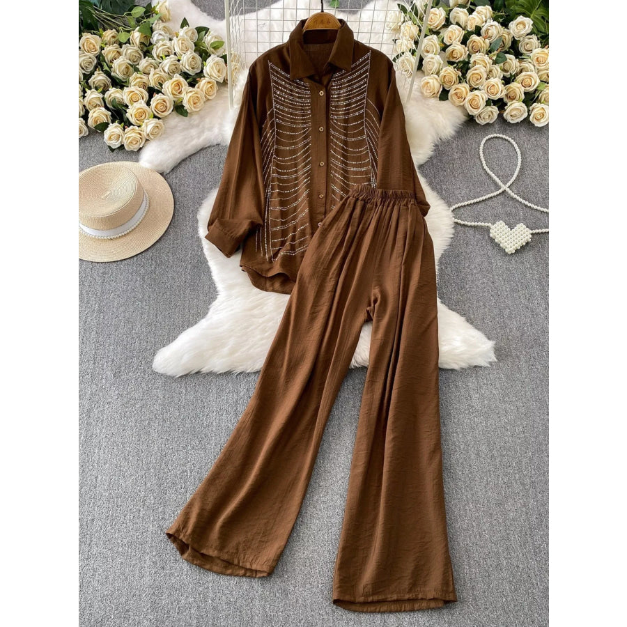 Rhinestone Button Up Shirt and Pants Set Black / One Size Apparel and Accessories