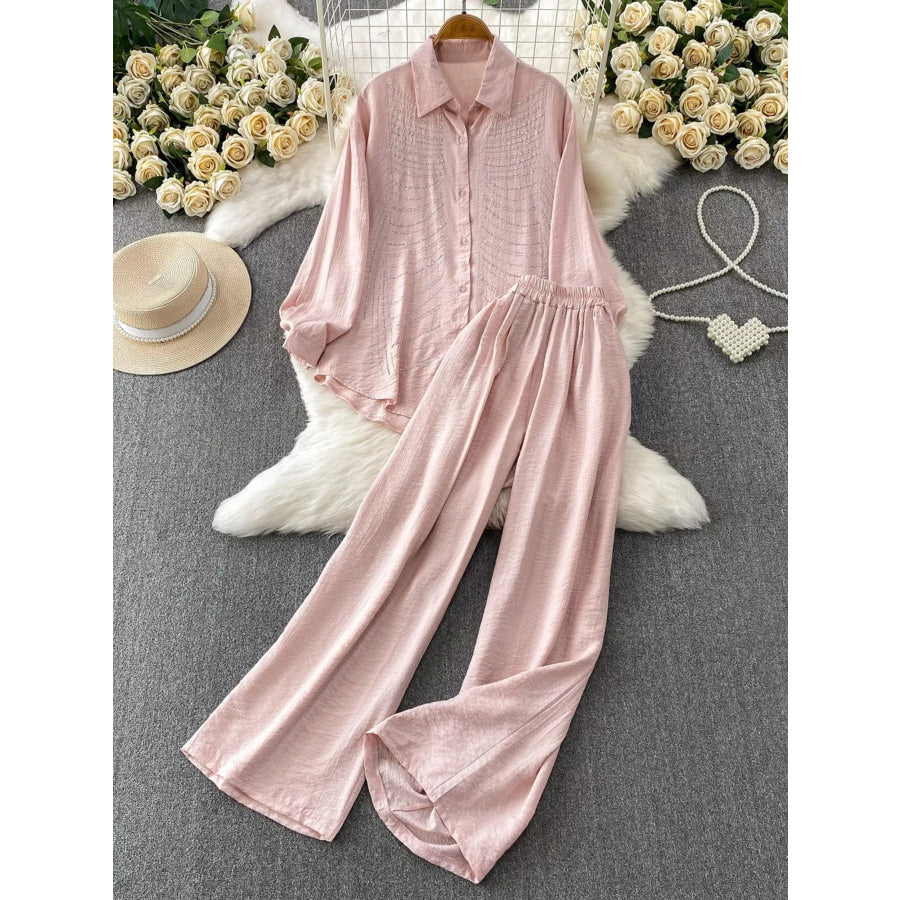 Rhinestone Button Up Shirt and Pants Set Dusty Pink / One Size Apparel and Accessories