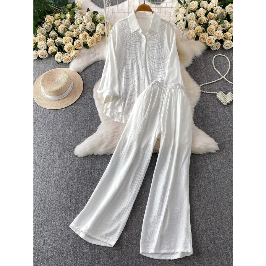 Rhinestone Button Up Shirt and Pants Set White / One Size Apparel and Accessories