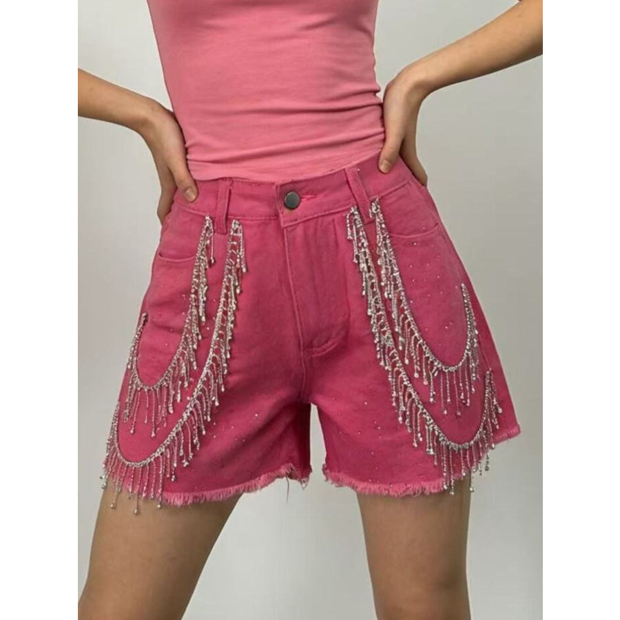 Rhinestone Chain Raw Hem Denim Shorts Apparel and Accessories