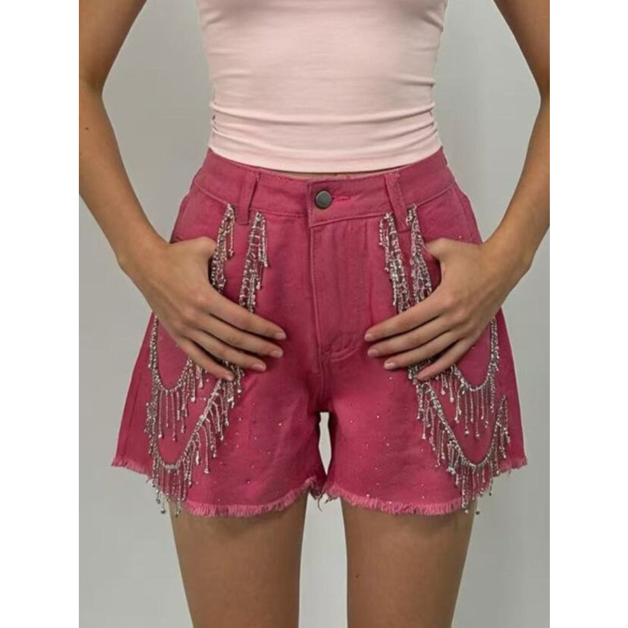 Rhinestone Chain Raw Hem Denim Shorts Apparel and Accessories
