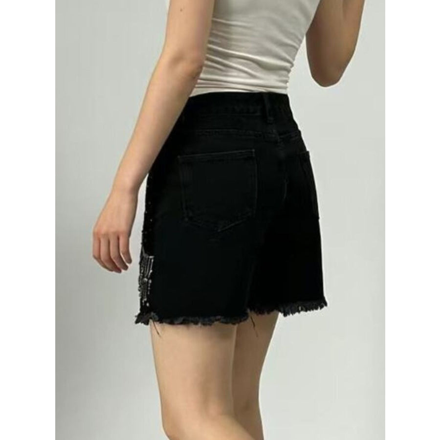 Rhinestone Chain Raw Hem Denim Shorts Apparel and Accessories