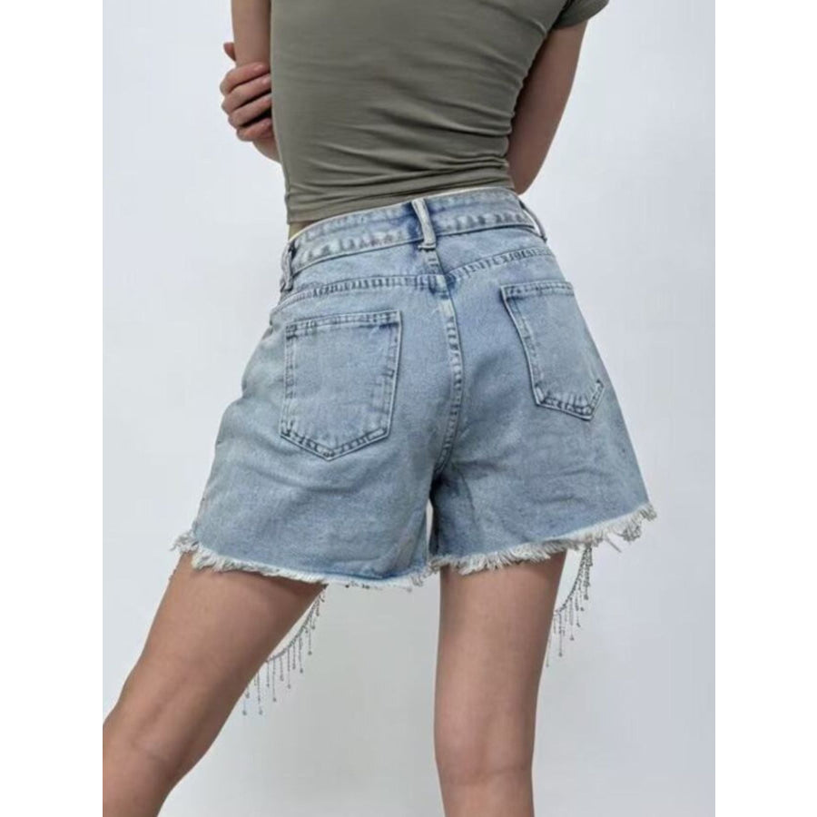 Rhinestone Chain Raw Hem Denim Shorts Sky Blue / S Apparel and Accessories