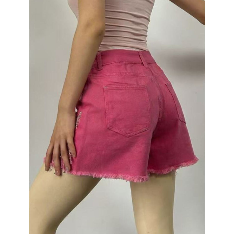 Rhinestone Chain Raw Hem Denim Shorts Apparel and Accessories