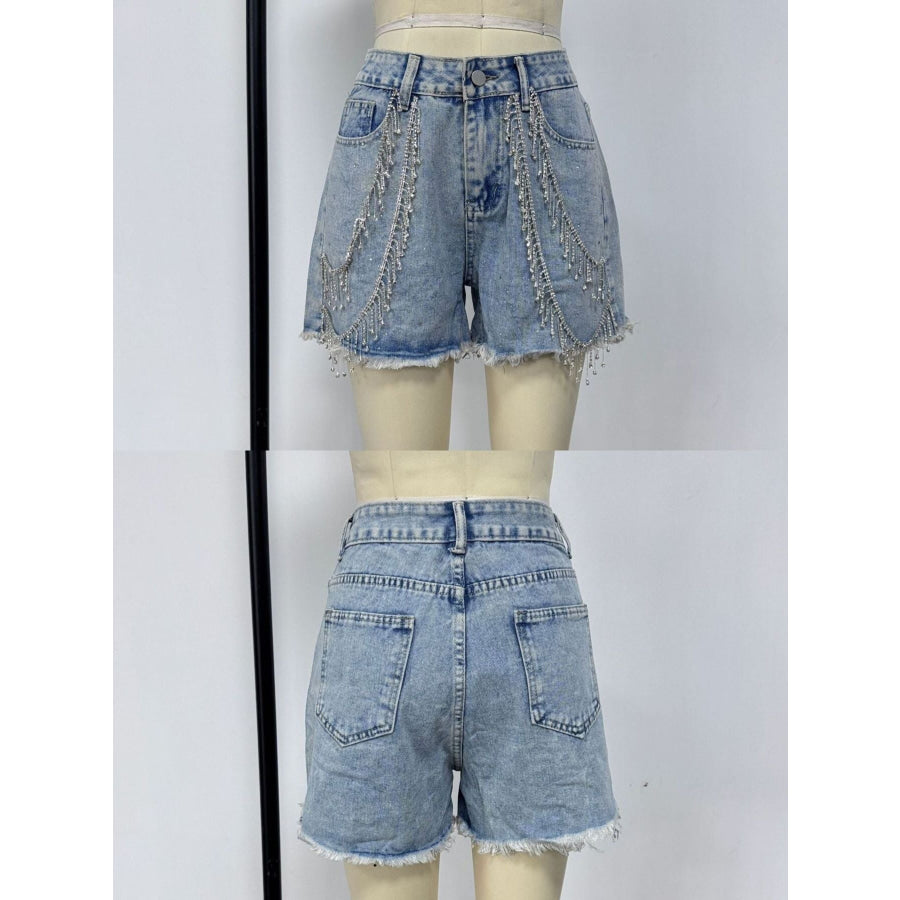 Rhinestone Chain Raw Hem Denim Shorts Apparel and Accessories