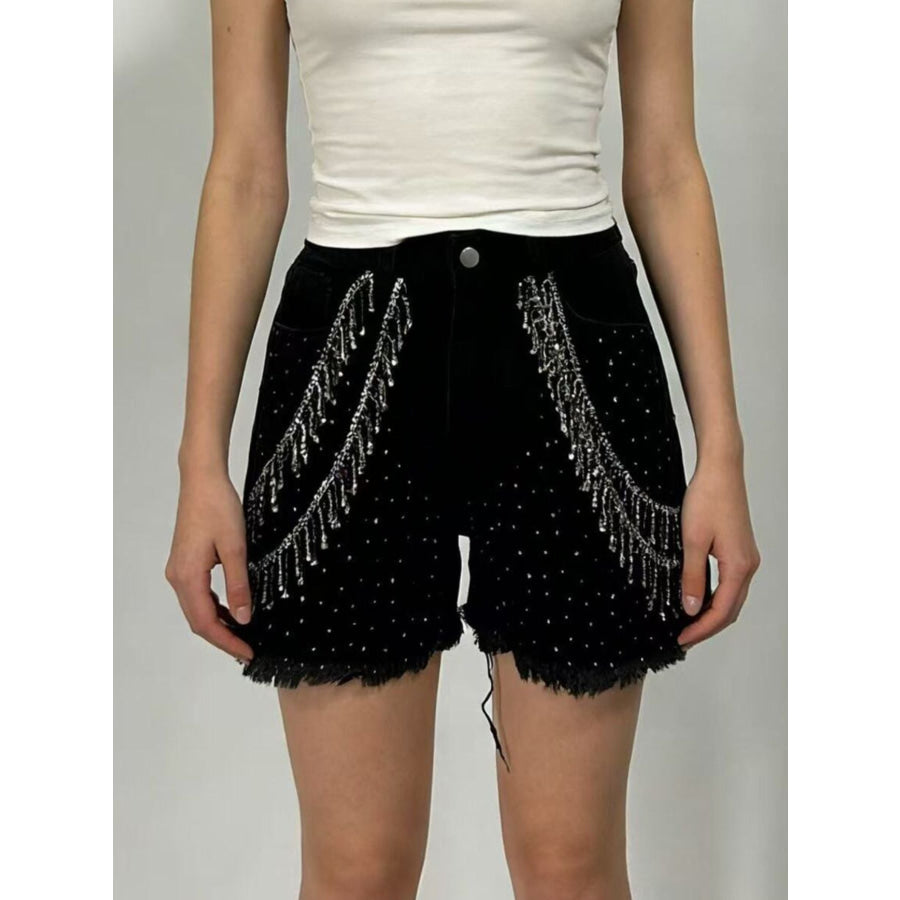 Rhinestone Chain Raw Hem Denim Shorts Black / S Apparel and Accessories