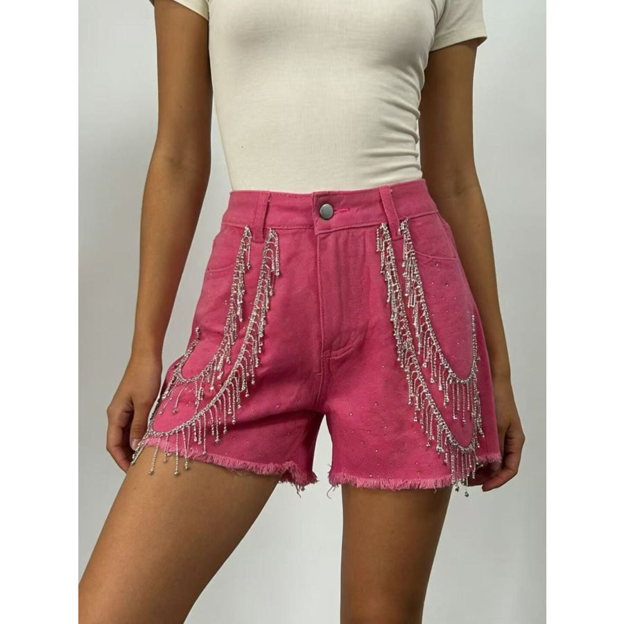Rhinestone Chain Raw Hem Denim Shorts Fuchsia Pink / S Apparel and Accessories