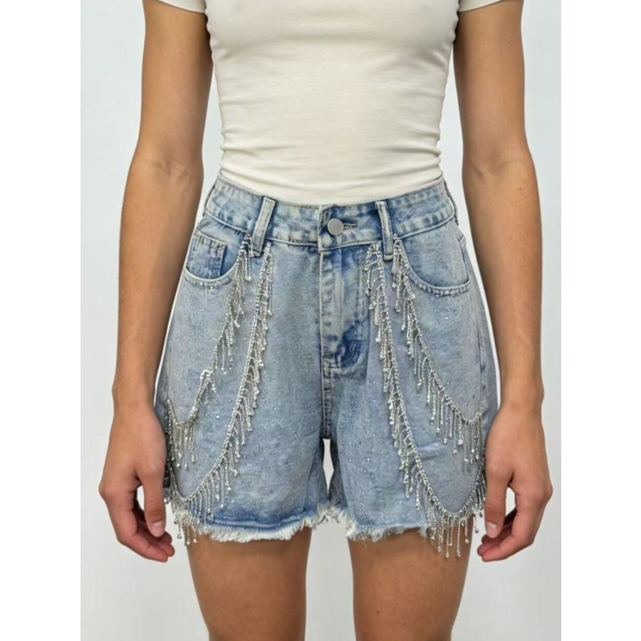 Rhinestone Chain Raw Hem Denim Shorts Sky Blue / S Apparel and Accessories