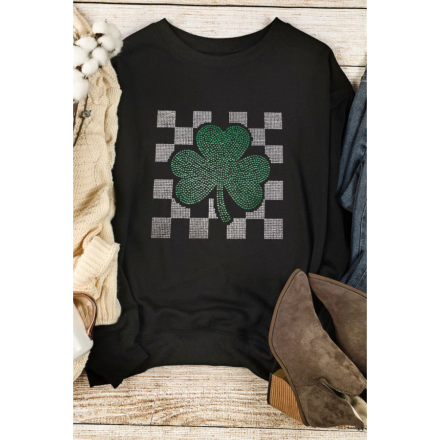 Rhinestone Checkered Lucky Clover Round Neck Sweatshirt Apparel and Accessories