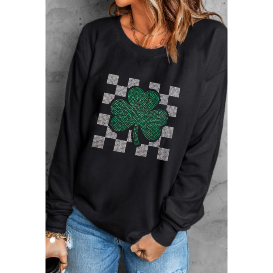 Rhinestone Checkered Lucky Clover Round Neck Sweatshirt Apparel and Accessories