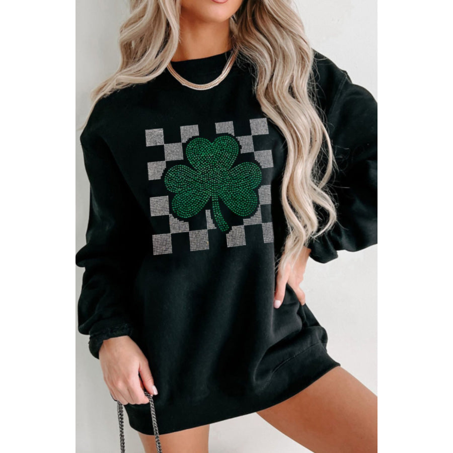 Rhinestone Checkered Lucky Clover Round Neck Sweatshirt Black / S Apparel and Accessories