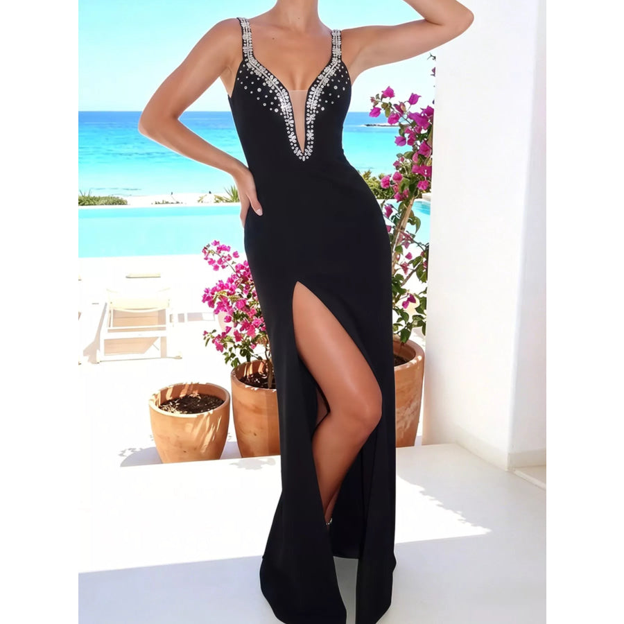 Rhinestone Cutout Back High Slit Maxi Dress Black / S Apparel and Accessories