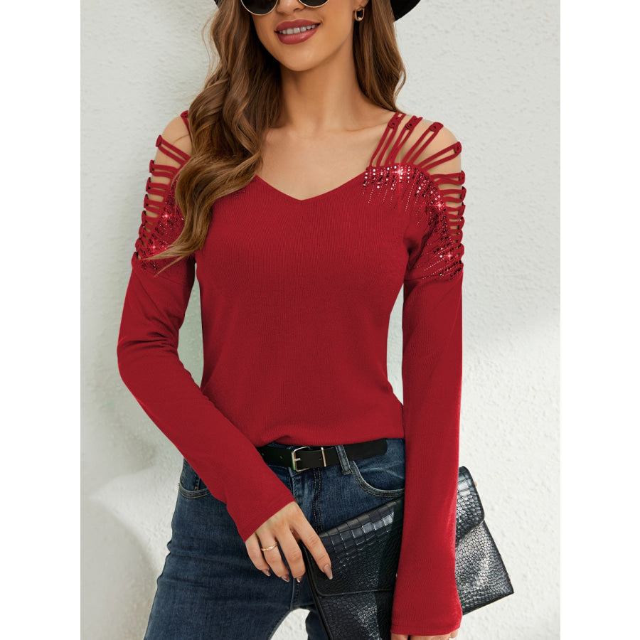 Rhinestone Cutout Long Sleeve T-Shirt Apparel and Accessories