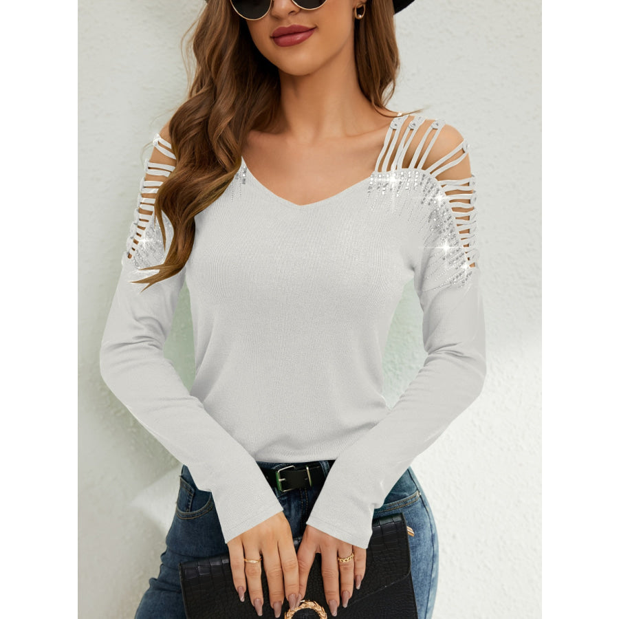 Rhinestone Cutout Long Sleeve T-Shirt Apparel and Accessories