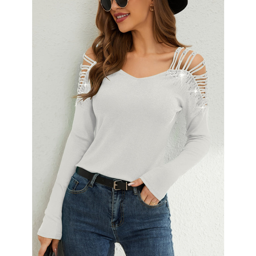 Rhinestone Cutout Long Sleeve T-Shirt Apparel and Accessories