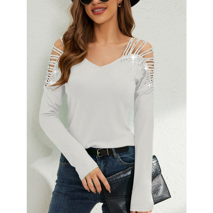 Rhinestone Cutout Long Sleeve T-Shirt Apparel and Accessories