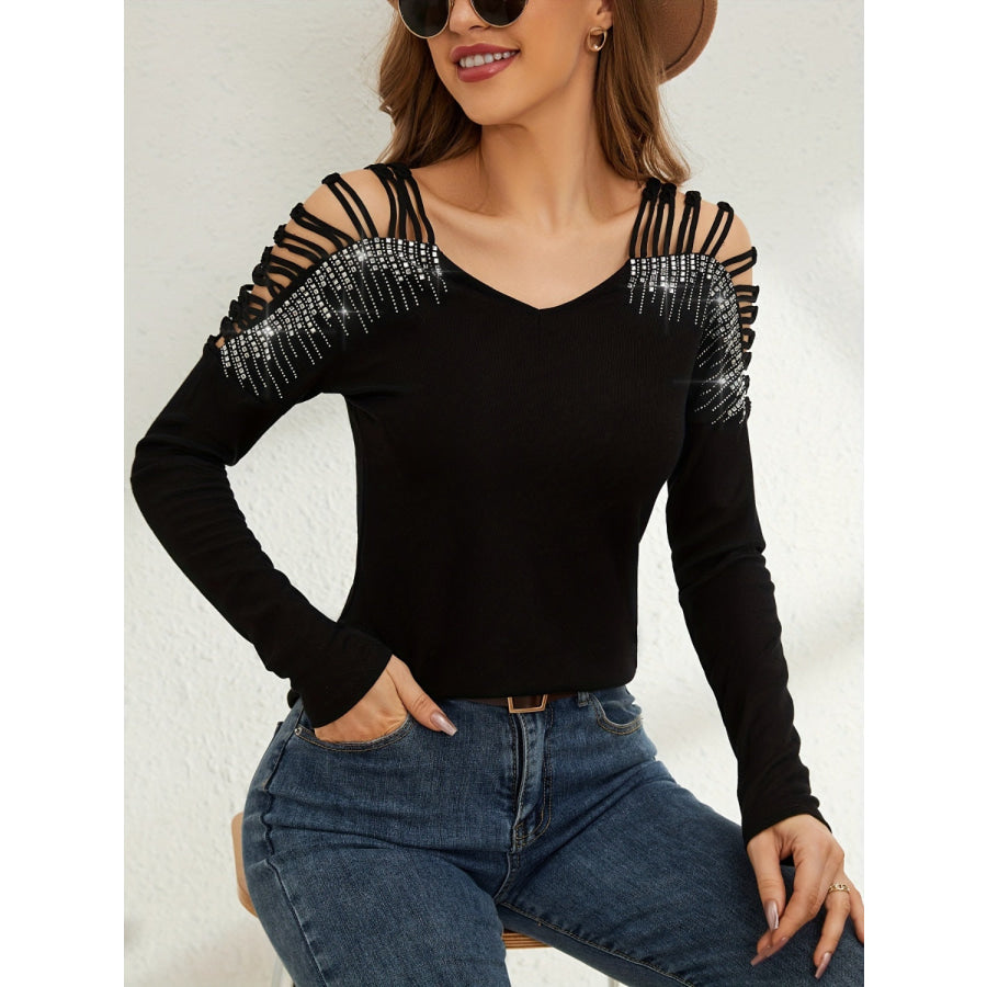 Rhinestone Cutout Long Sleeve T-Shirt Apparel and Accessories