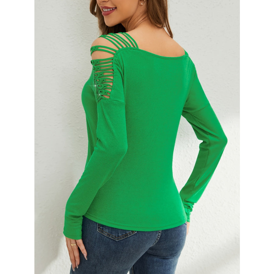 Rhinestone Cutout Long Sleeve T-Shirt Apparel and Accessories