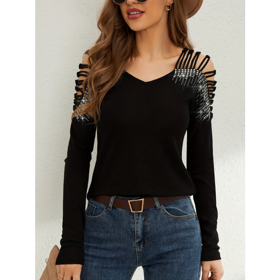 Rhinestone Cutout Long Sleeve T-Shirt Black / S Apparel and Accessories