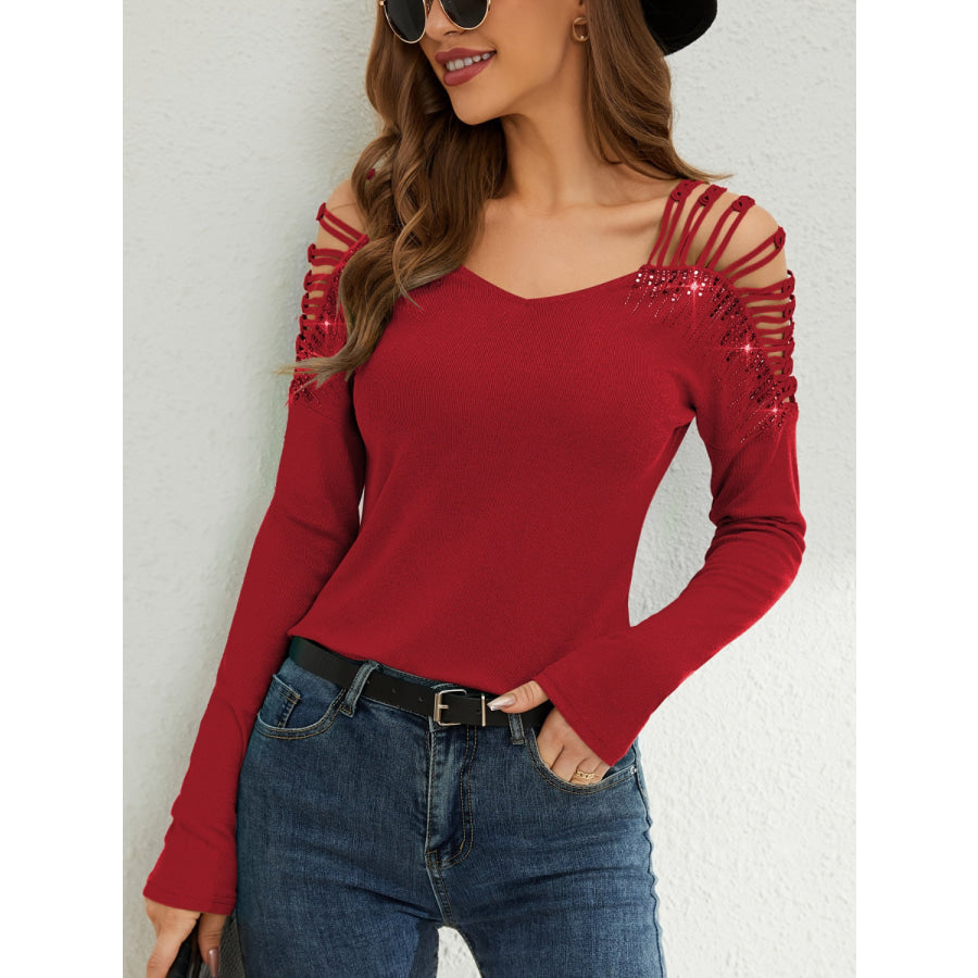 Rhinestone Cutout Long Sleeve T-Shirt Rust / S Apparel and Accessories