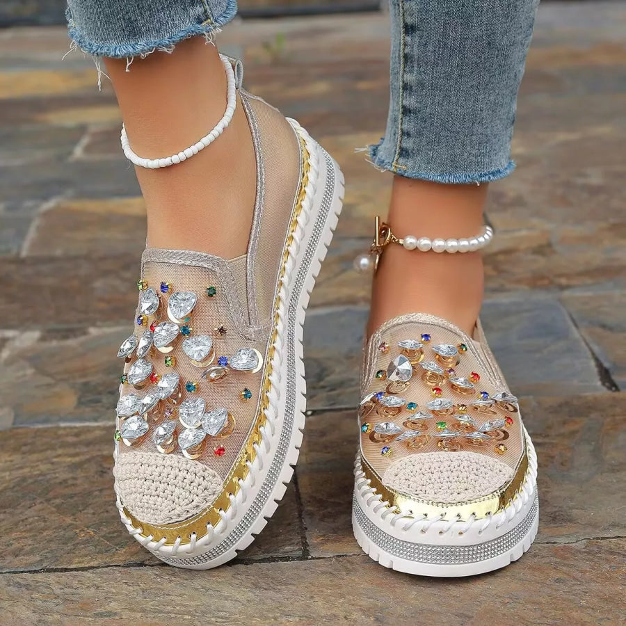 Rhinestone Decor Platform Loafers White / 35 Apparel and Accessories