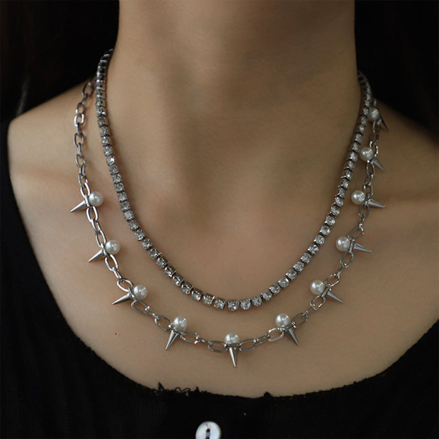 Rhinestone Double - Layered Necklace Silver / One Size Apparel and Accessories