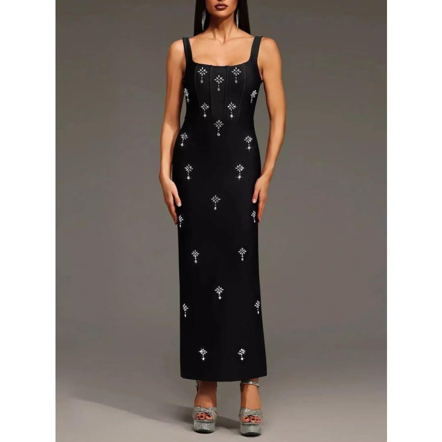 Rhinestone Embellished Bodycon Maxi Dress Black / S Apparel and Accessories