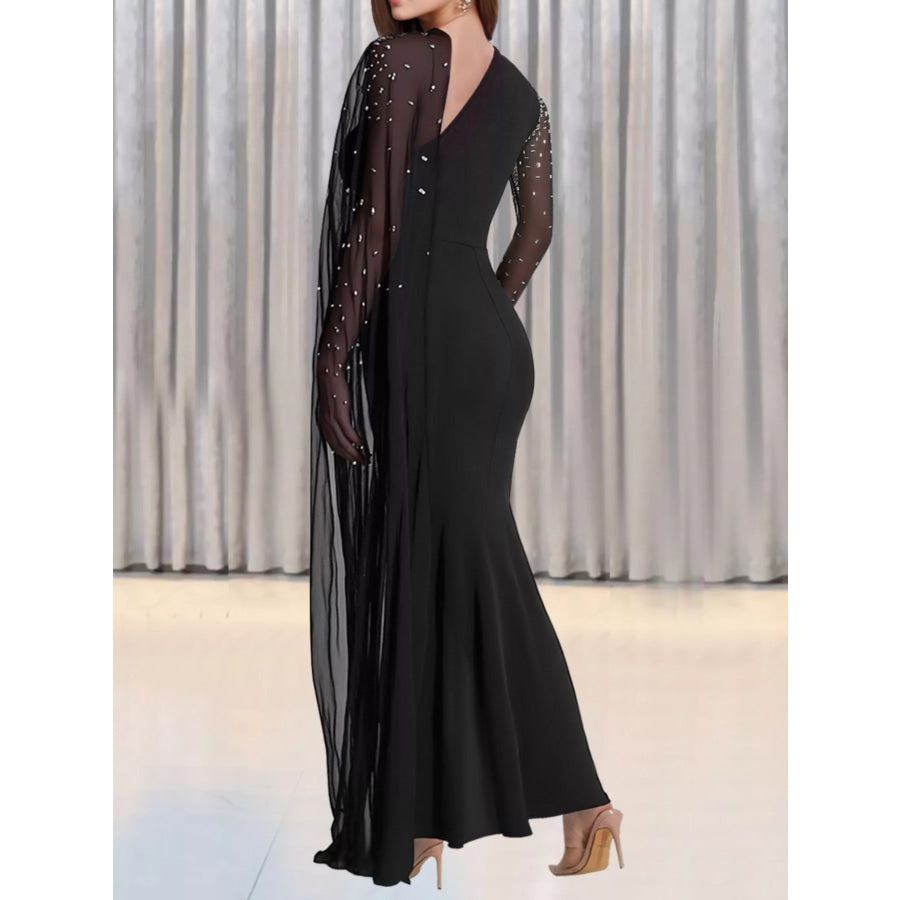 Rhinestone Embellished Cape Maxi Dress Black / M Apparel and Accessories