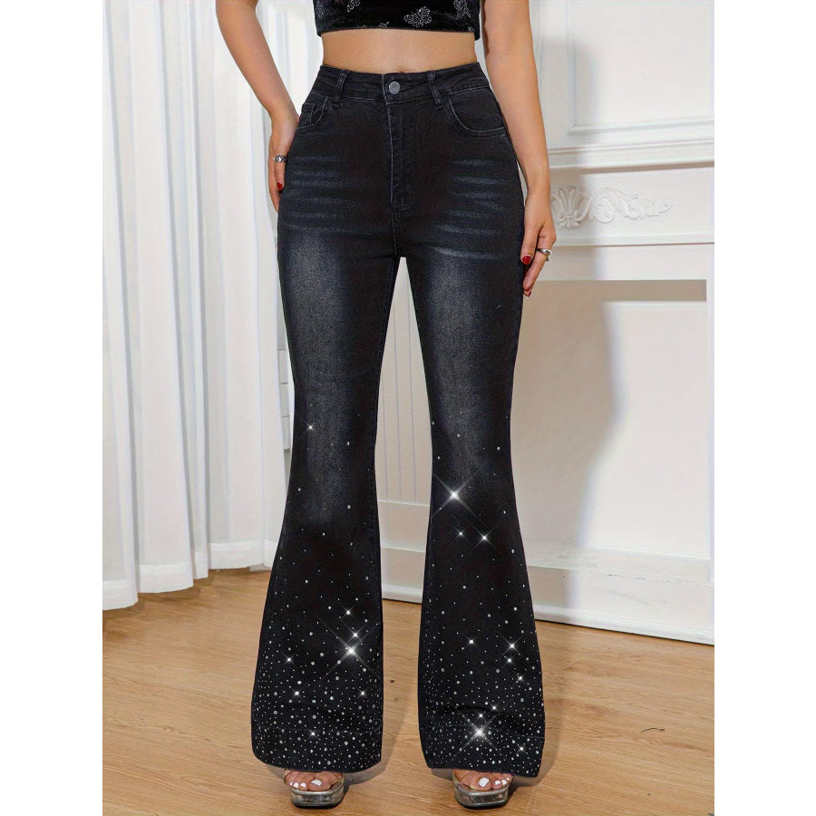 Rhinestone Embellished Flare Leg Jeans Apparel and Accessories