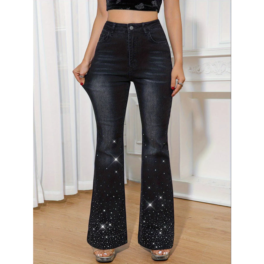 Rhinestone Embellished Flare Leg Jeans Black / S Apparel and Accessories