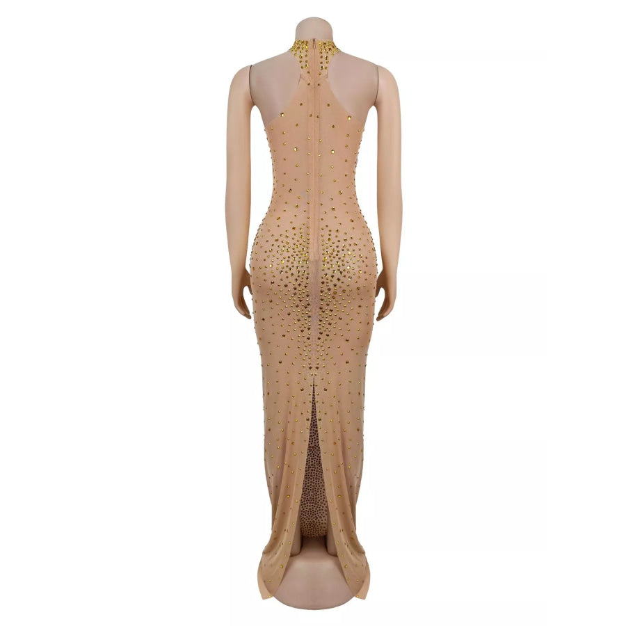 Rhinestone Embellished Mesh Dress with Back Slit Apparel and Accessories