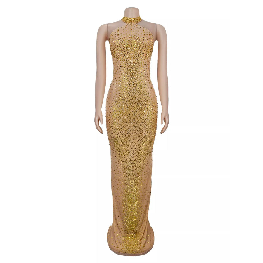 Rhinestone Embellished Mesh Dress with Back Slit Apparel and Accessories