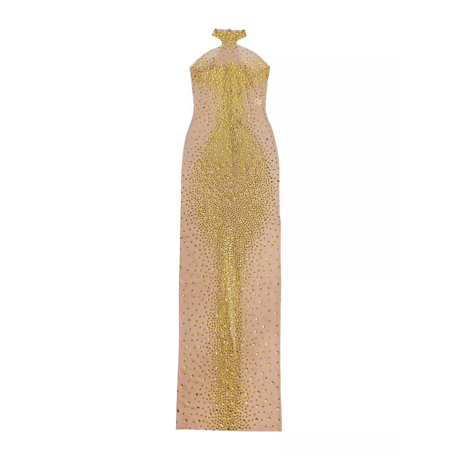 Rhinestone Embellished Mesh Dress with Back Slit Apparel and Accessories