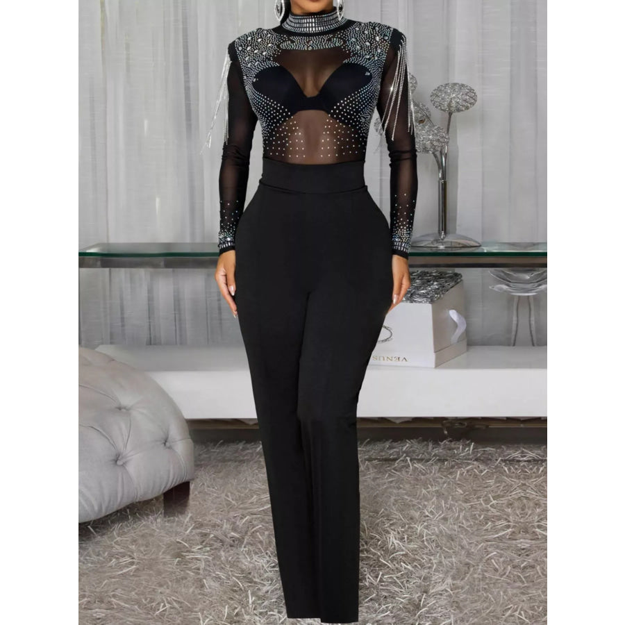 Rhinestone Embellished Mesh Long Sleeve Jumpsuit Apparel and Accessories