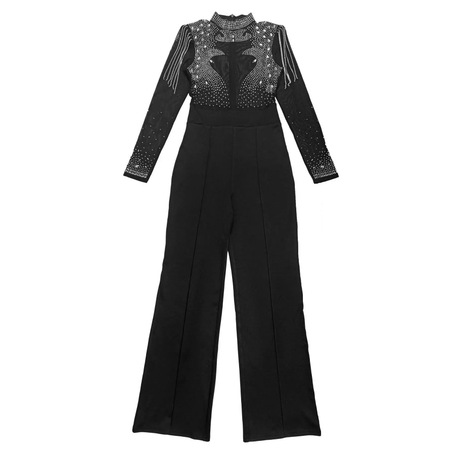 Rhinestone Embellished Mesh Long Sleeve Jumpsuit Apparel and Accessories