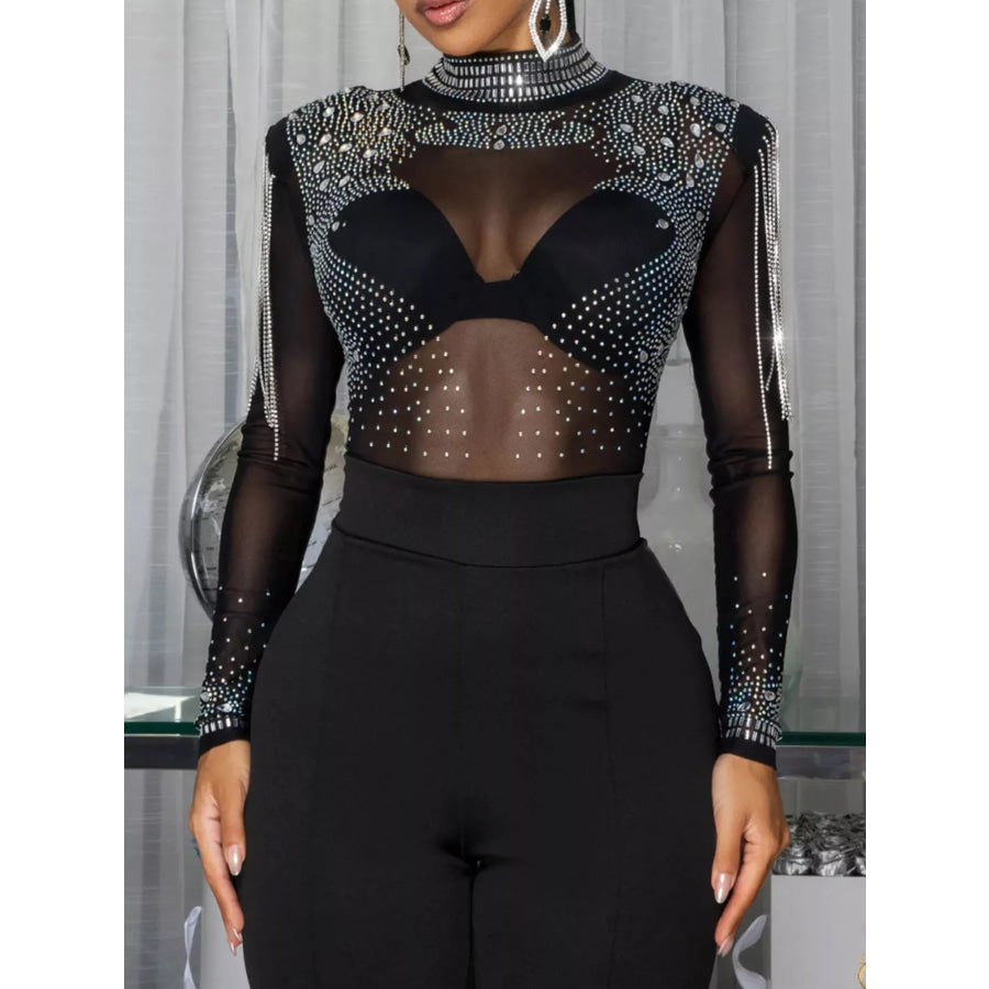 Rhinestone Embellished Mesh Long Sleeve Jumpsuit Apparel and Accessories