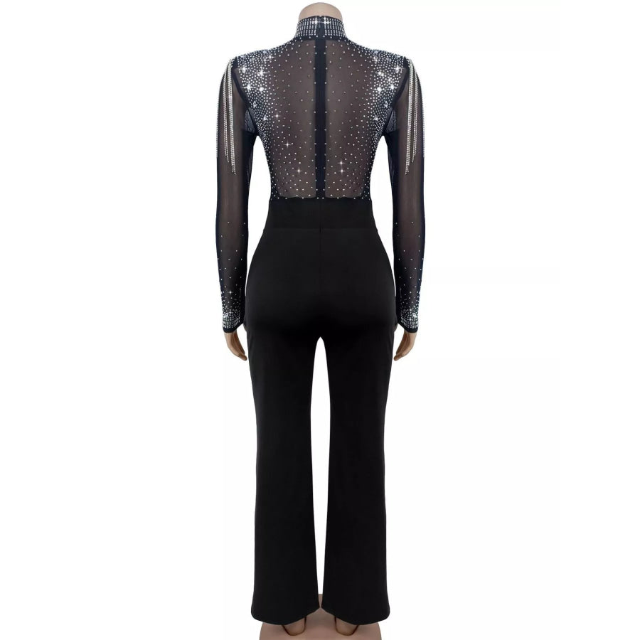 Rhinestone Embellished Mesh Long Sleeve Jumpsuit Apparel and Accessories