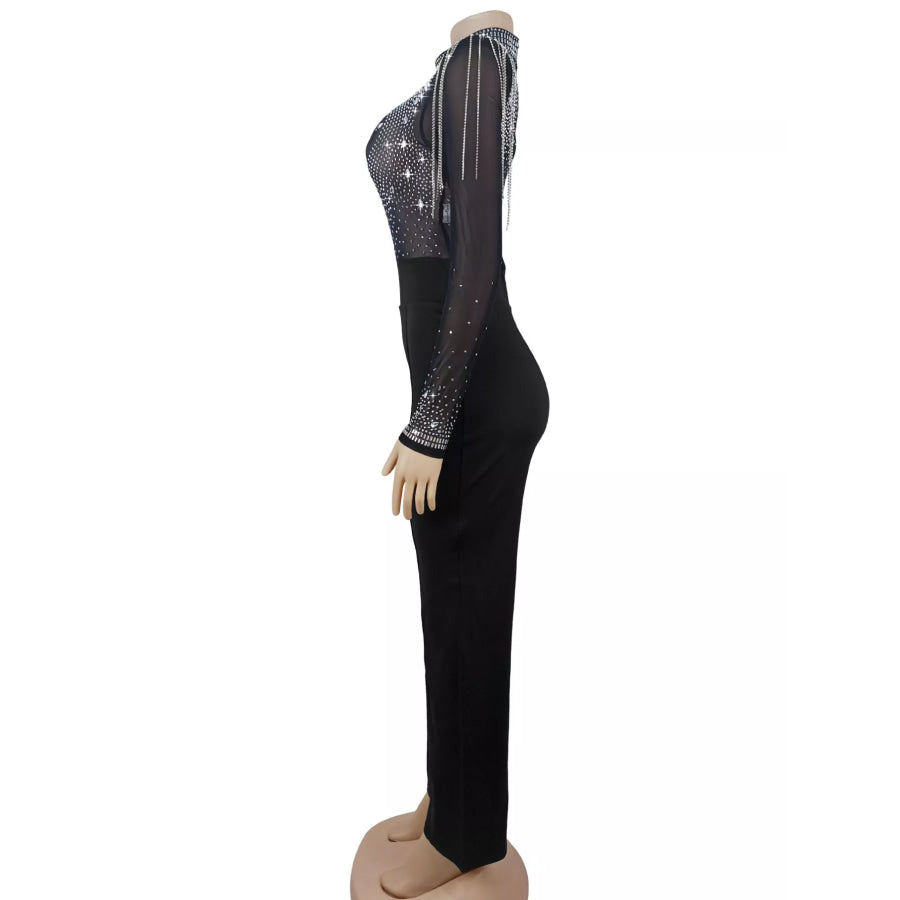 Rhinestone Embellished Mesh Long Sleeve Jumpsuit Apparel and Accessories