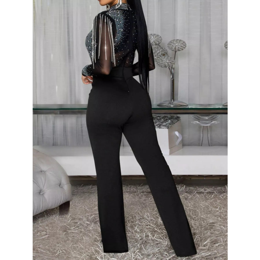 Rhinestone Embellished Mesh Long Sleeve Jumpsuit Apparel and Accessories