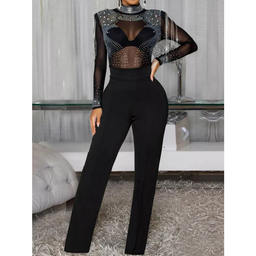 Rhinestone Embellished Mesh Long Sleeve Jumpsuit Black / S Apparel and Accessories