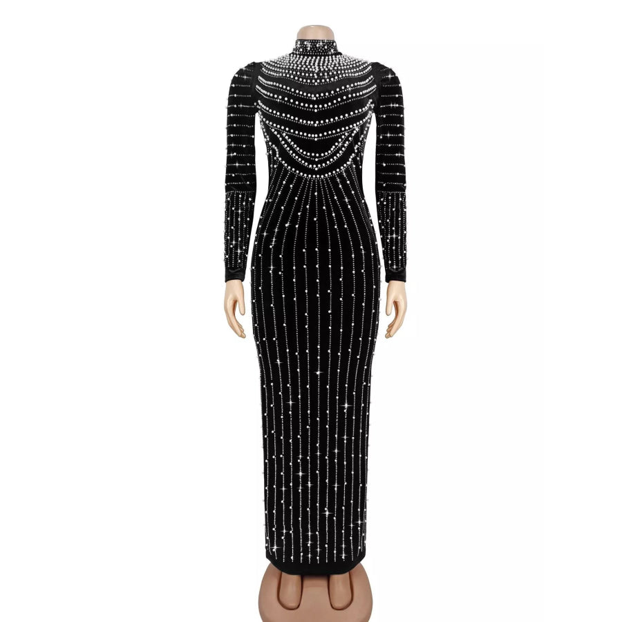 Rhinestone Embellished Mock Neck Long Sleeve Maxi Dress Apparel and Accessories