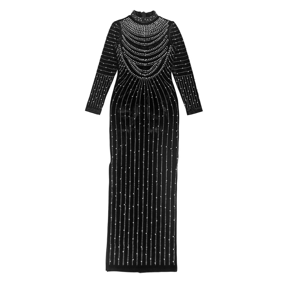 Rhinestone Embellished Mock Neck Long Sleeve Maxi Dress Apparel and Accessories