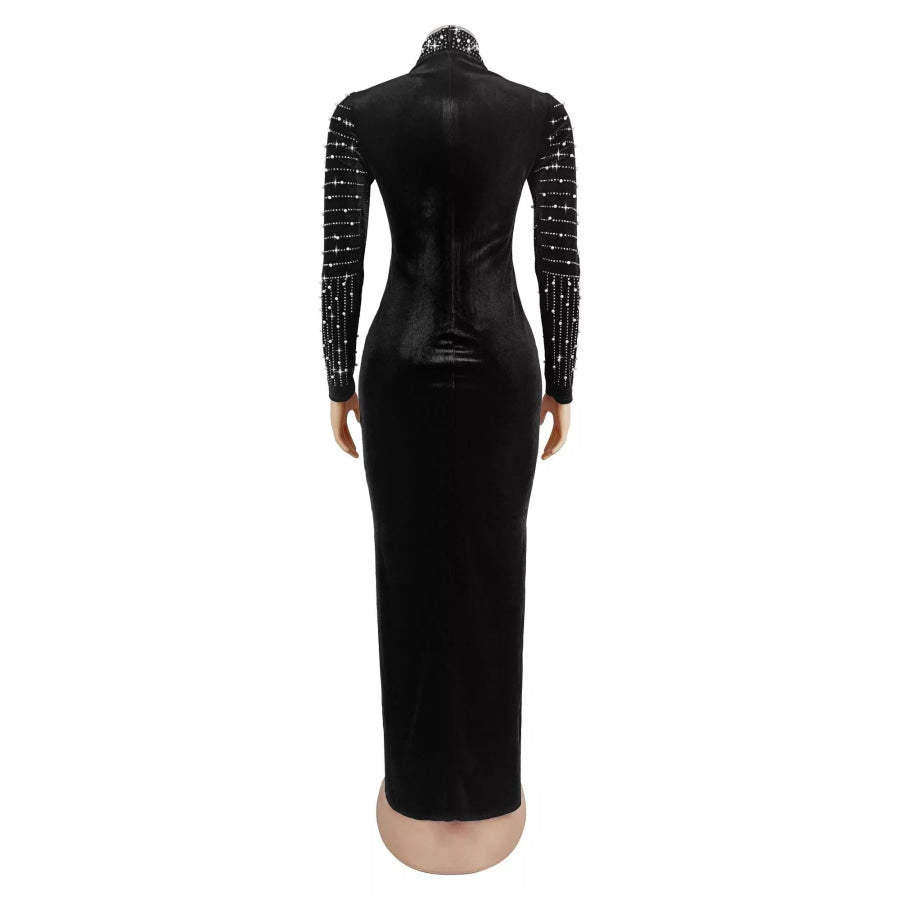 Rhinestone Embellished Mock Neck Long Sleeve Maxi Dress Apparel and Accessories
