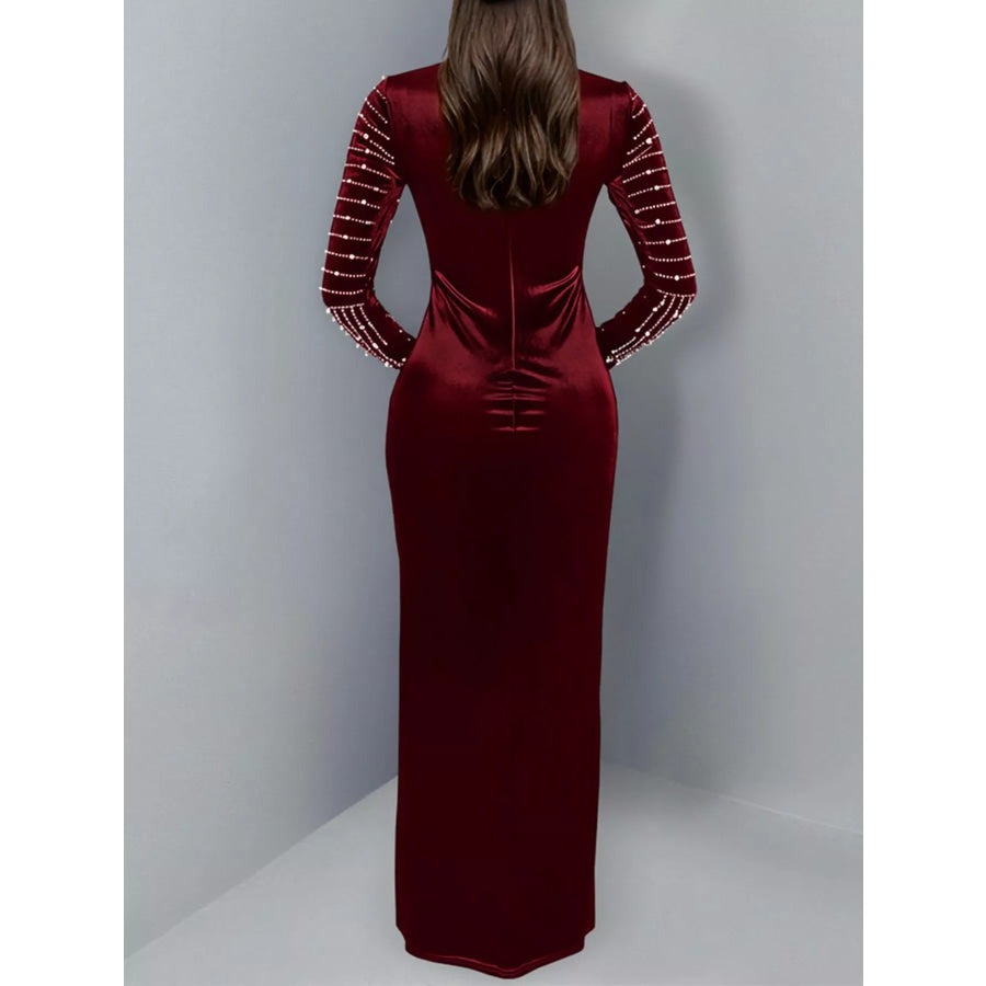Rhinestone Embellished Mock Neck Long Sleeve Maxi Dress Apparel and Accessories
