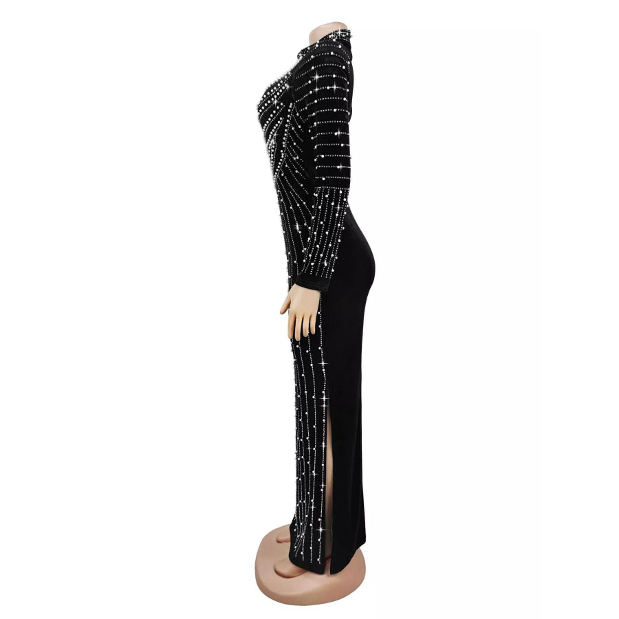 Rhinestone Embellished Mock Neck Long Sleeve Maxi Dress Apparel and Accessories